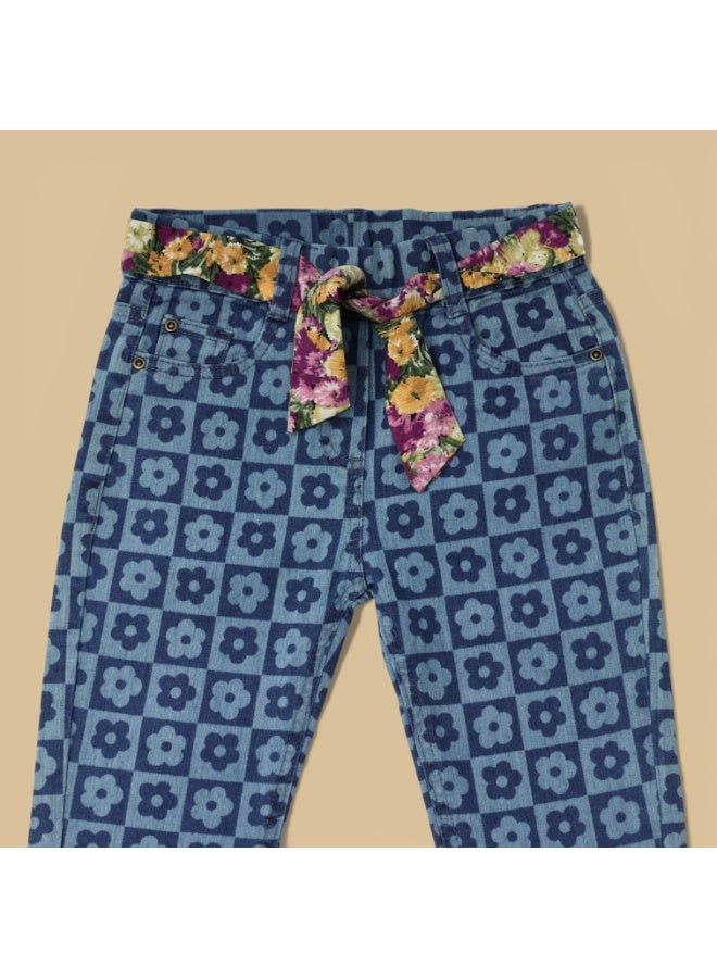MARWAN Girls Printed Denim Long Pant with Contrast Waist BeltX - Image 3